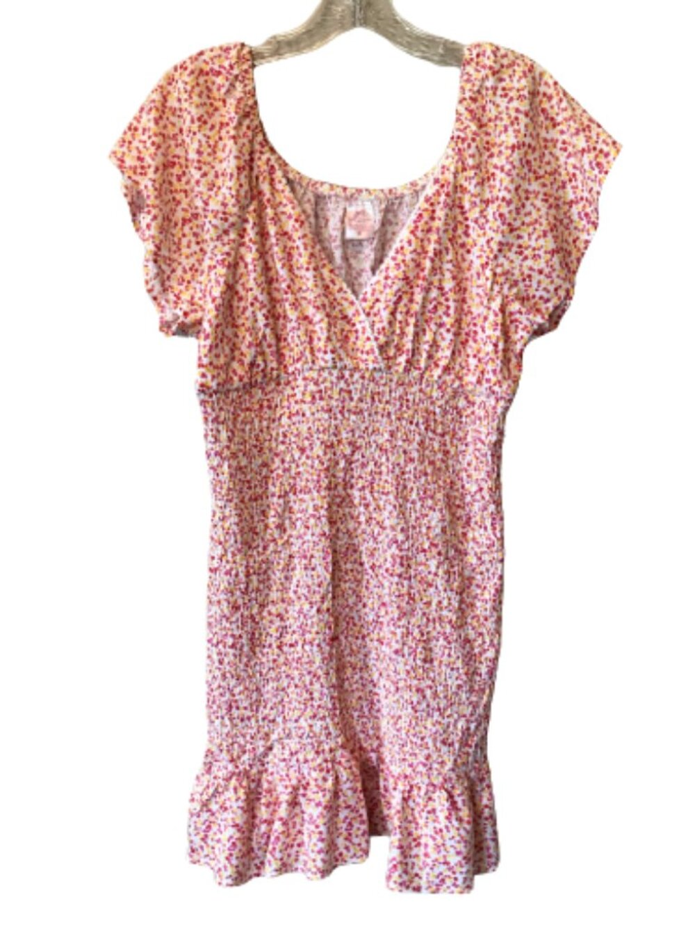 No Boundaries Short Sleeve Pink, Orange and Yellow Floral Smocked Dress Size XL